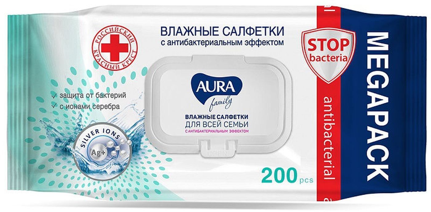 Влажные салфетки АУРА Famiyc атибакт эффект для всей семьи с крышкой 200шт.