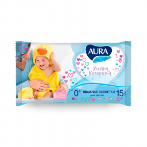 Салфетки влажные для детей AURA "Ultra comfort", универсал.очищающие гипоаллерген,без спирта, 15 шт.